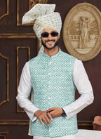 Raivat Ethnic Art Silk Digital Print Work Jacket Set In Sea Green Colour | Grocsy