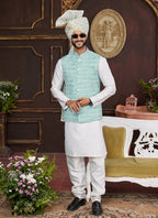 Raivat Ethnic Art Silk Digital Print Work Jacket Set In Sea Green Colour | Grocsy