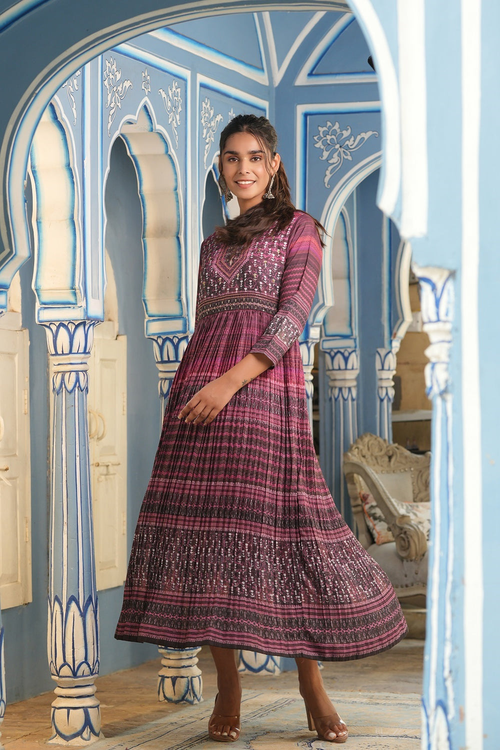 Juniper Multi Muslin Festive Printed Flared Kurta For Women | Grocsy