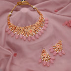 Tehzeeb Creations Gold-Polished Baby Pink Colour Necklace With Stud | Grocsy