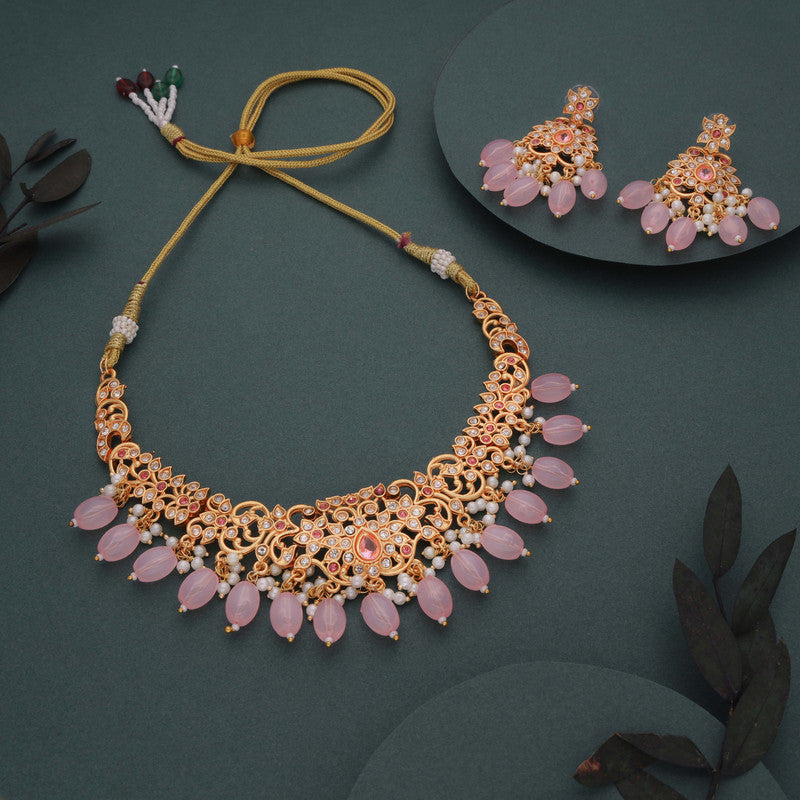 Tehzeeb Creations Gold-Polished Baby Pink Colour Necklace With Stud | Grocsy