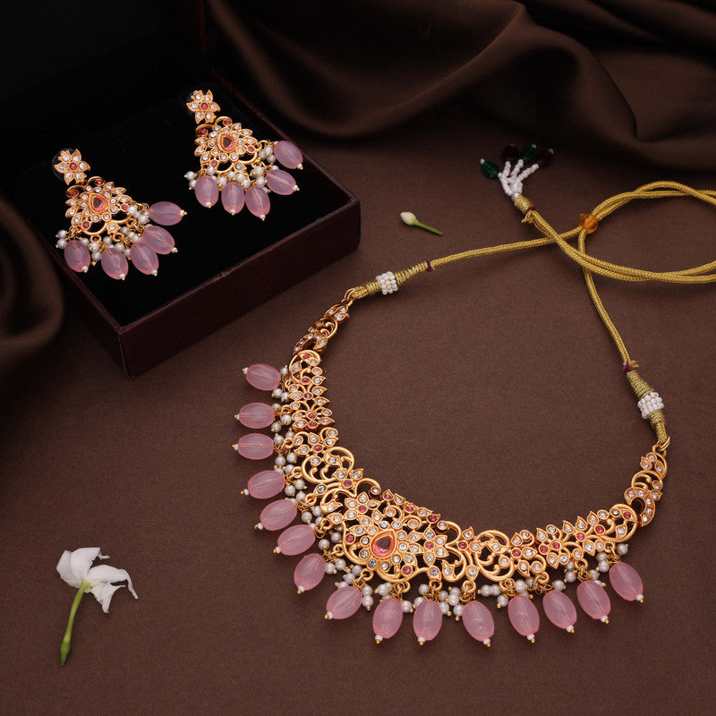 Tehzeeb Creations Gold-Polished Baby Pink Colour Necklace With Stud | Grocsy