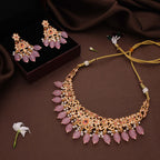 Tehzeeb Creations Gold-Polished Baby Pink Colour Necklace With Stud | Grocsy