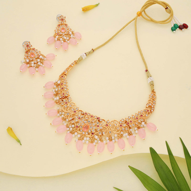 Tehzeeb Creations Gold-Polished Baby Pink Colour Necklace With Stud | Grocsy
