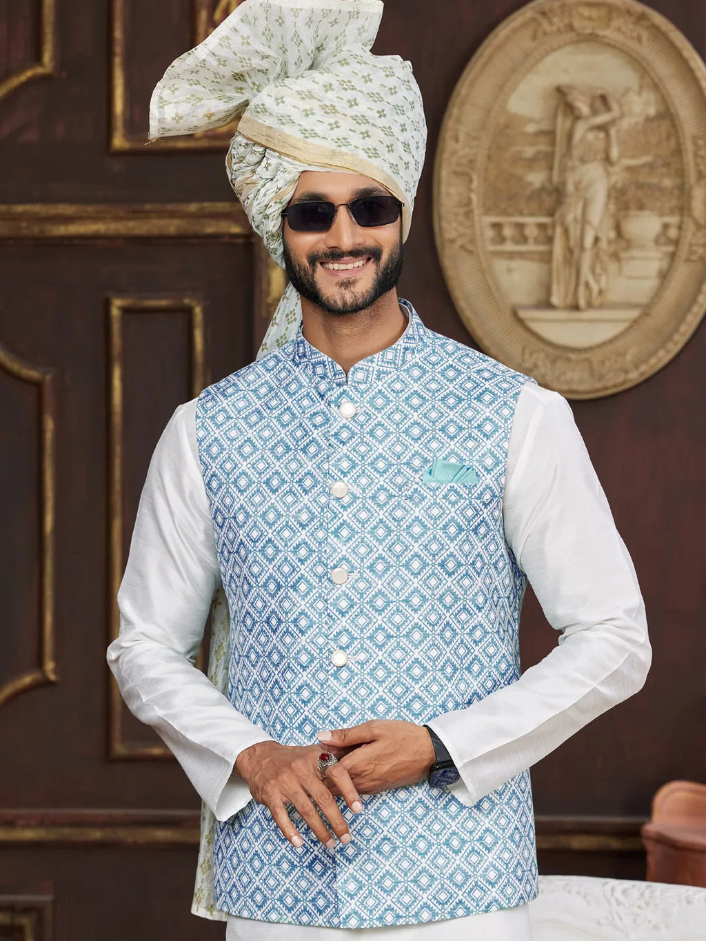 Raivat Ethnic Art Silk Digital Print Work Jacket Set In Sky Blue Colour | Grocsy