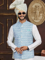 Raivat Ethnic Art Silk Digital Print Work Jacket Set In Sky Blue Colour | Grocsy
