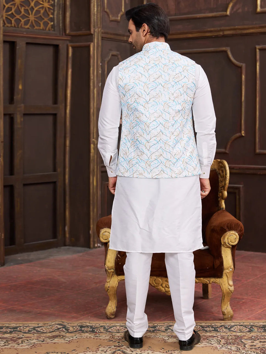 Raivat Ethnic Art Silk Digital Print Work Jacket Set In Sky Blue Colour | Grocsy