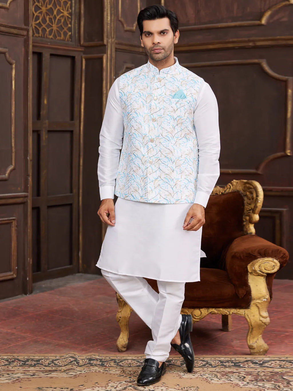 Raivat Ethnic Art Silk Digital Print Work Jacket Set In Sky Blue Colour | Grocsy