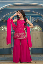 Juniper Fuchsia Georgette Festive Embroidered Straight Kurta Sharara Dupatta Set For Women | Grocsy