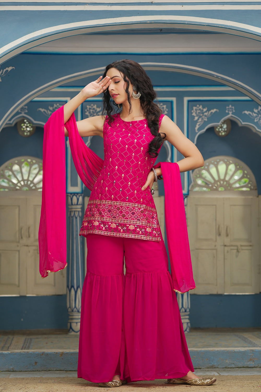 Juniper Fuchsia Georgette Festive Embroidered Straight Kurta Sharara Dupatta Set For Women | Grocsy