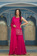 Juniper Fuchsia Georgette Festive Embroidered Straight Kurta Sharara Dupatta Set For Women | Grocsy