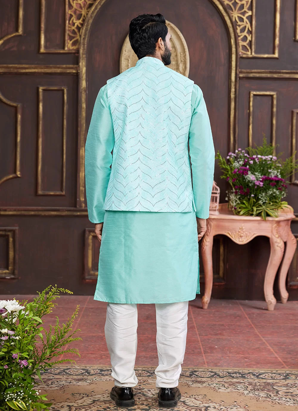 Raivat Ethnic Art Silk Digital Print Work Jacket Set In Green Colour | Grocsy