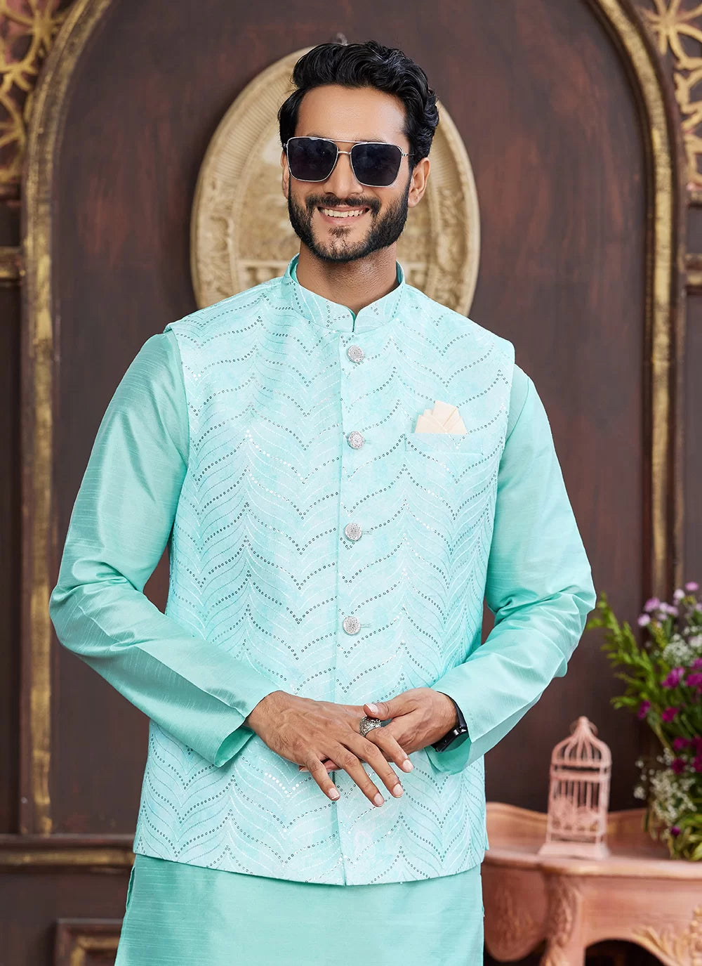 Raivat Ethnic Art Silk Digital Print Work Jacket Set In Green Colour | Grocsy