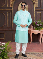 Raivat Ethnic Art Silk Digital Print Work Jacket Set In Green Colour | Grocsy