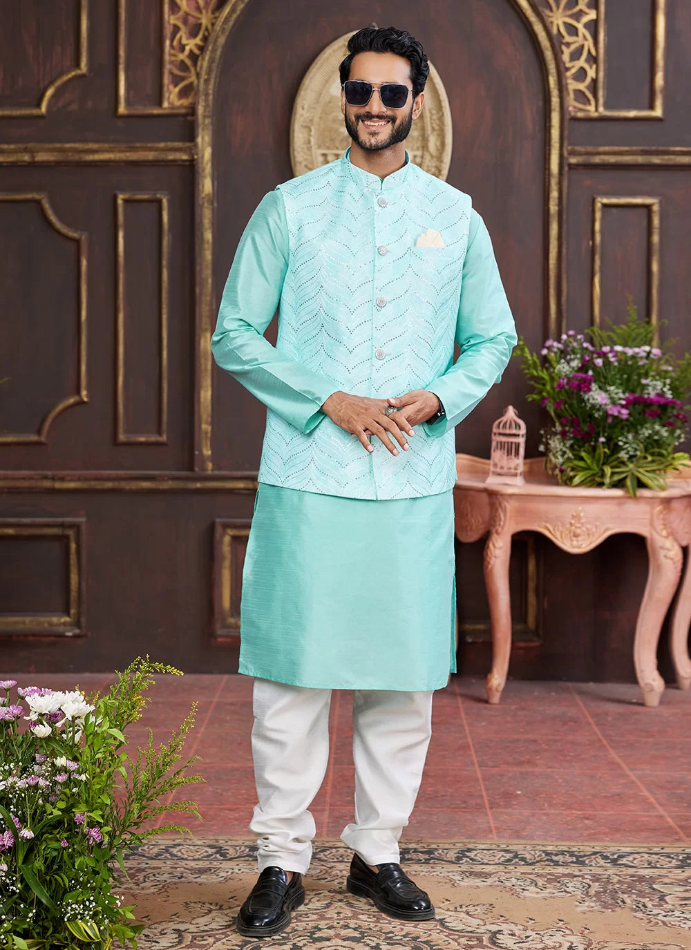 Raivat Ethnic Art Silk Digital Print Work Jacket Set In Green Colour | Grocsy