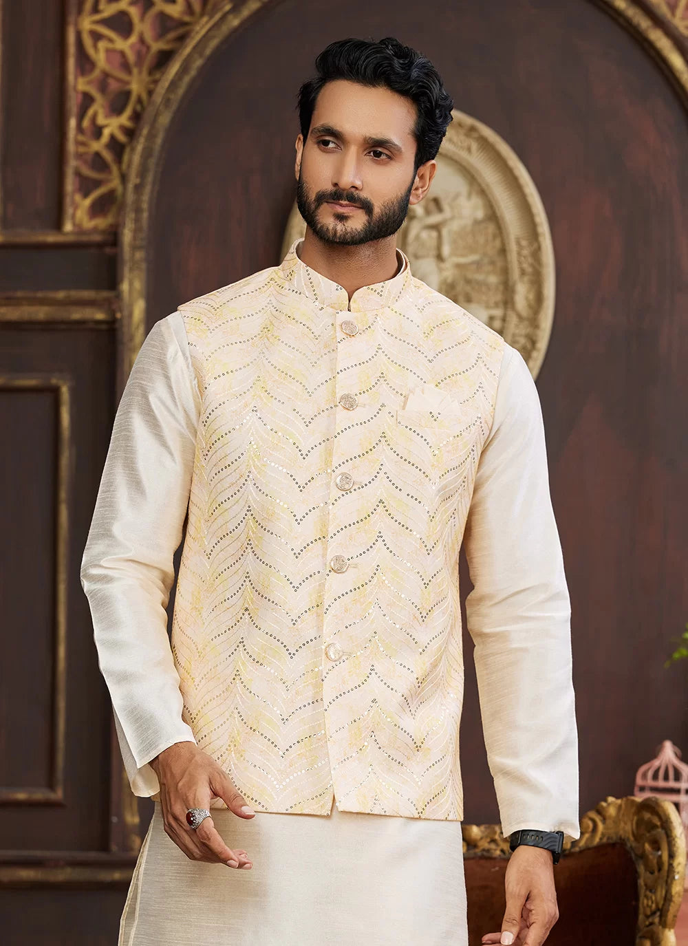 Raivat Ethnic Art Silk Digital Print Work Jacket Set In Light Yellow Colour | Grocsy