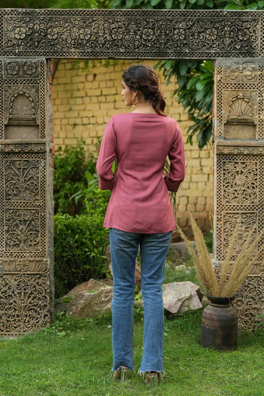 Juniper Onion Pink Rayon Festive Embroidered A-Line Tunic For Women | Grocsy