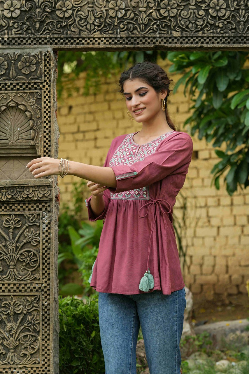 Juniper Onion Pink Rayon Festive Embroidered A-Line Tunic For Women | Grocsy