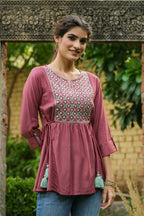 Juniper Onion Pink Rayon Festive Embroidered A-Line Tunic For Women | Grocsy