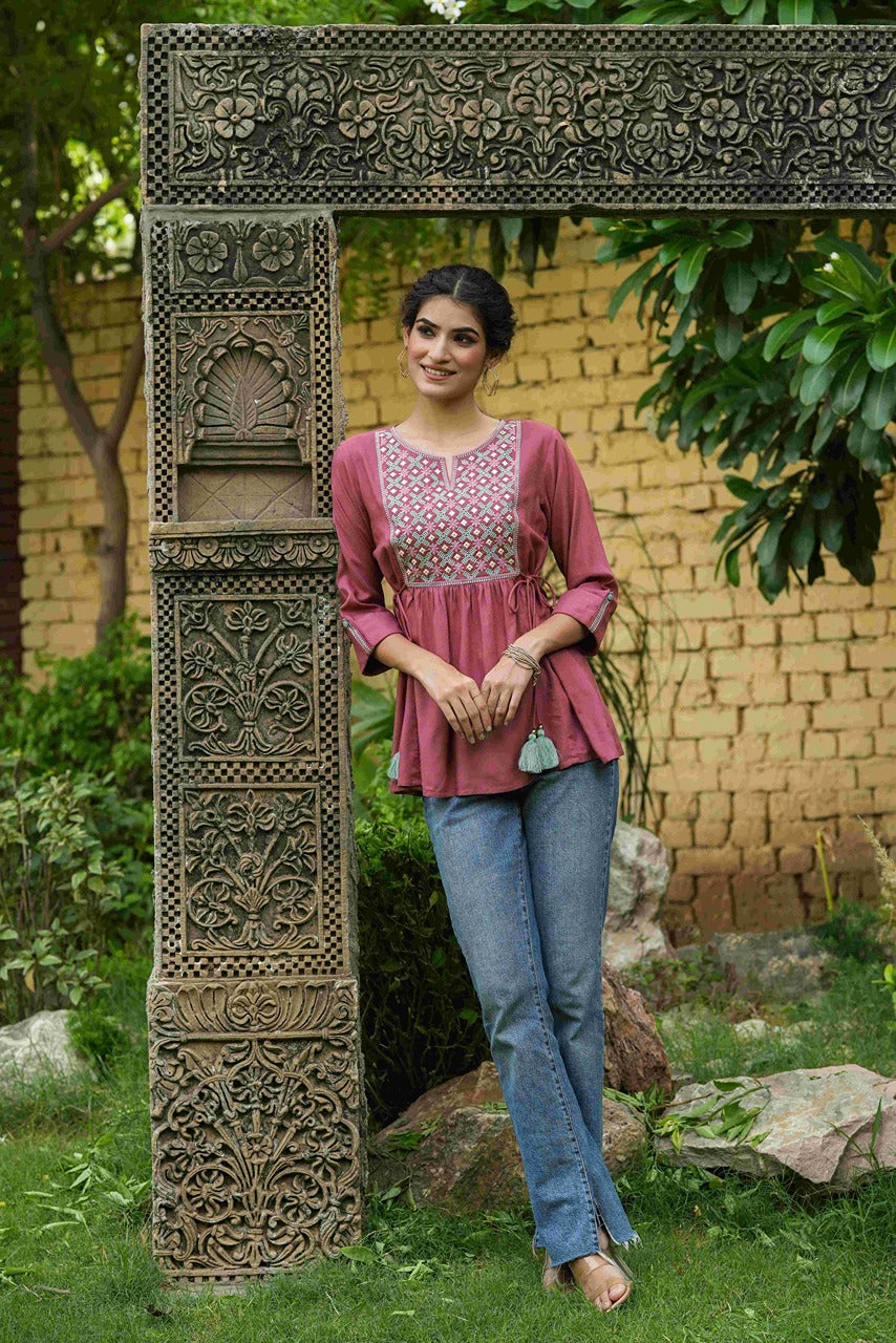 Juniper Onion Pink Rayon Festive Embroidered A-Line Tunic For Women | Grocsy