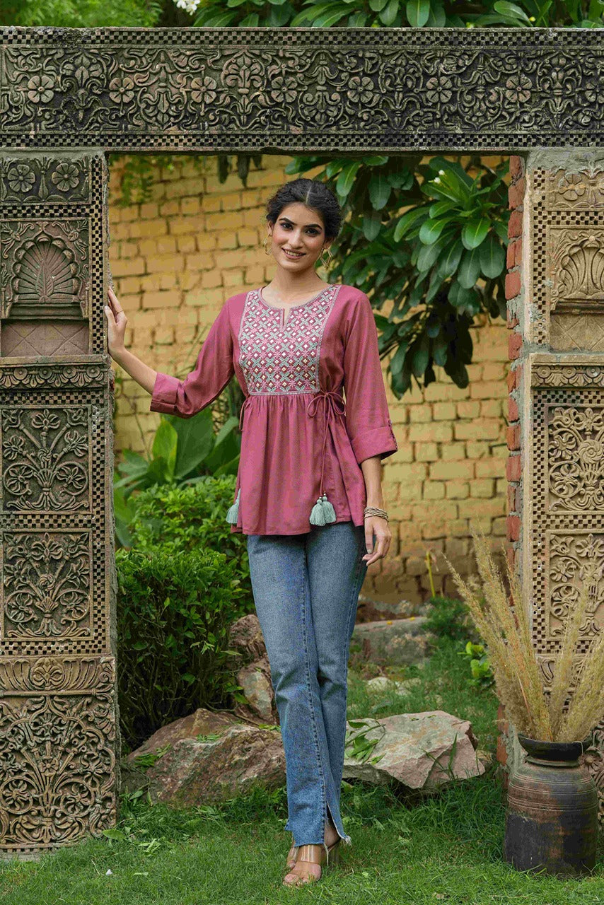 Juniper Onion Pink Rayon Festive Embroidered A-Line Tunic For Women | Grocsy
