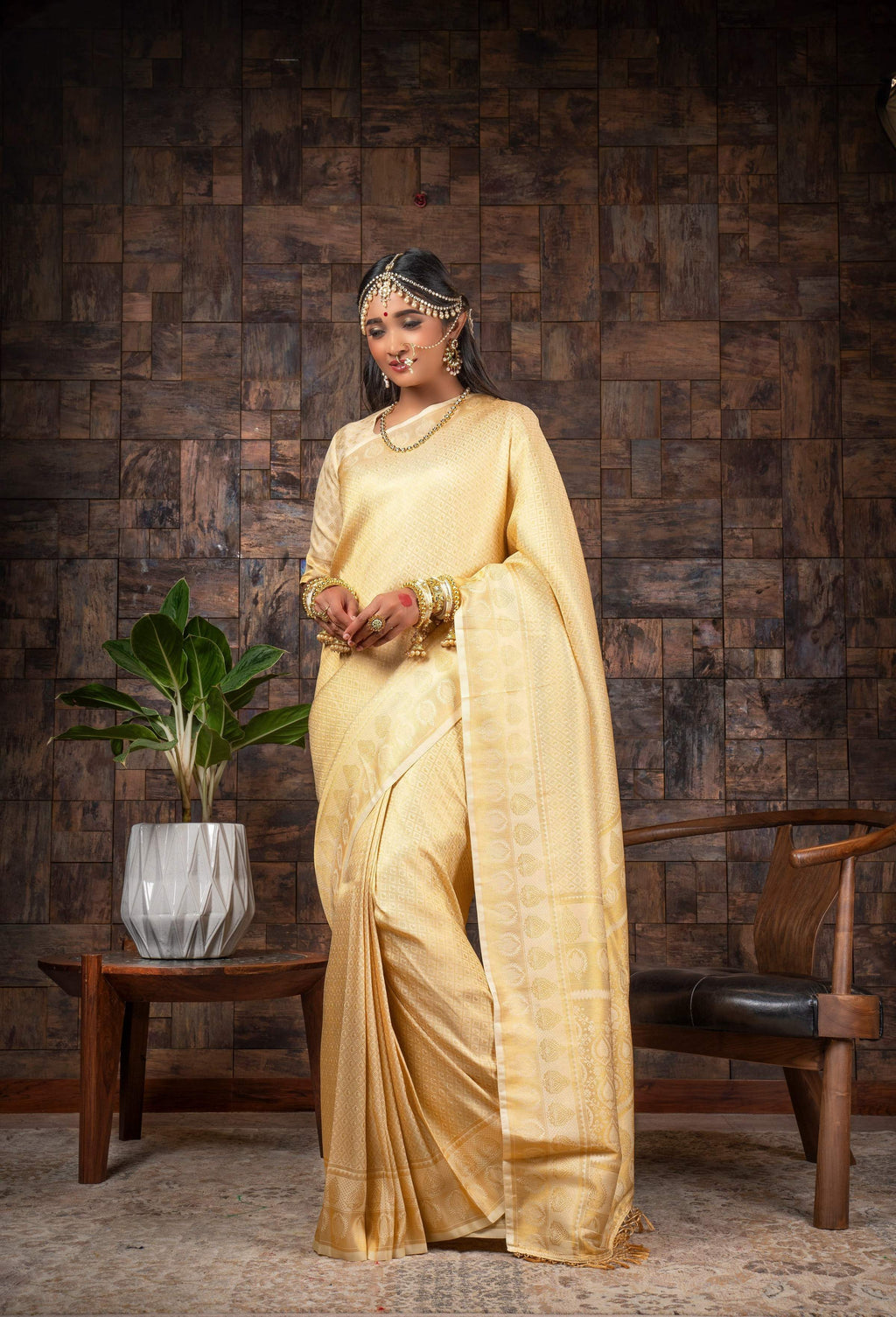 Vardha Gardenia Cream Golden Zari Kanjeevaram Silk Saree | Grocsy