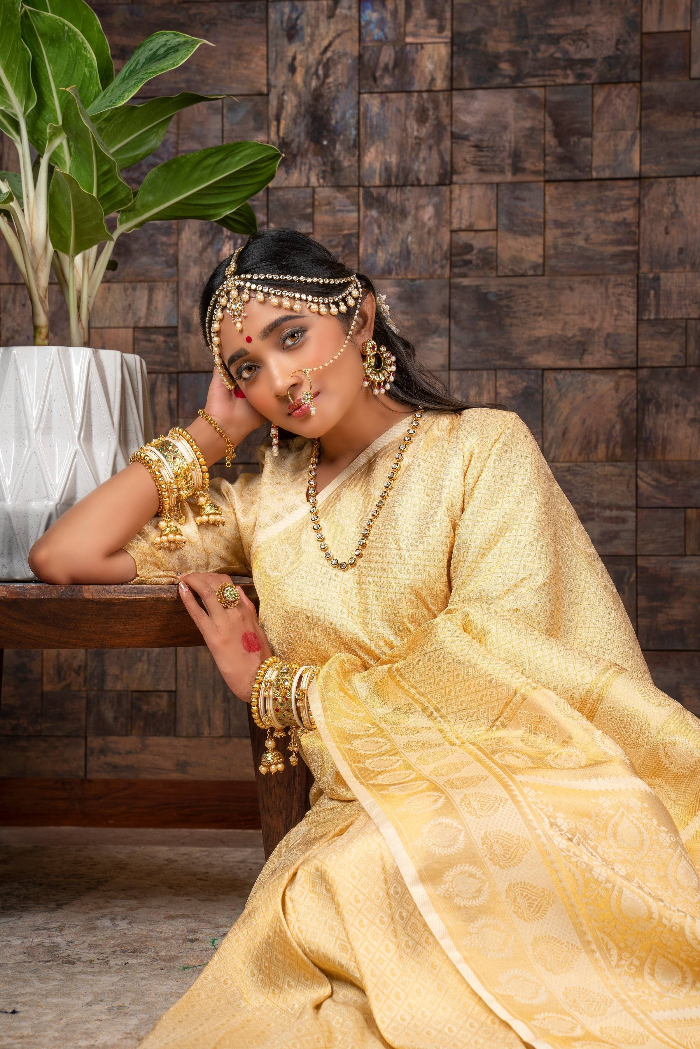 Vardha Gardenia Cream Golden Zari Kanjeevaram Silk Saree | Grocsy