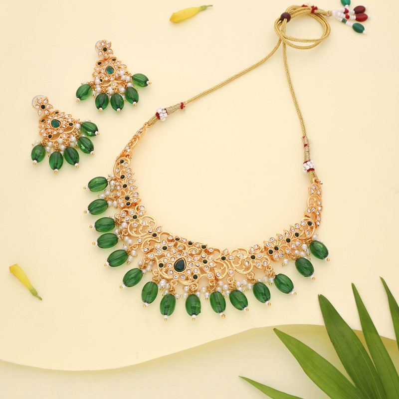 Tehzeeb Creations Gold-Polished Green Colour Necklace With Stud | Grocsy