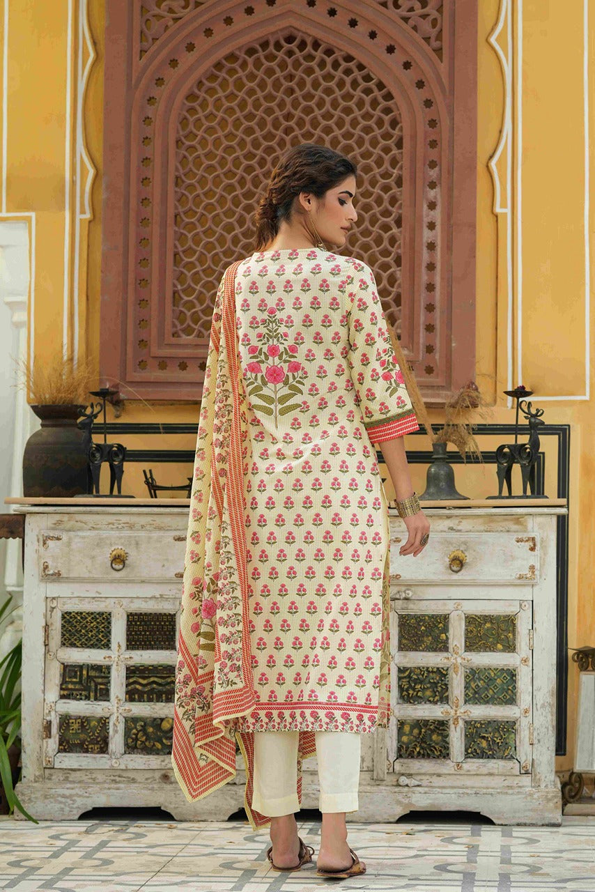 Juniper Ivory Rayon Slub Fusion Polka Print Kurta Set For Women | Grocsy