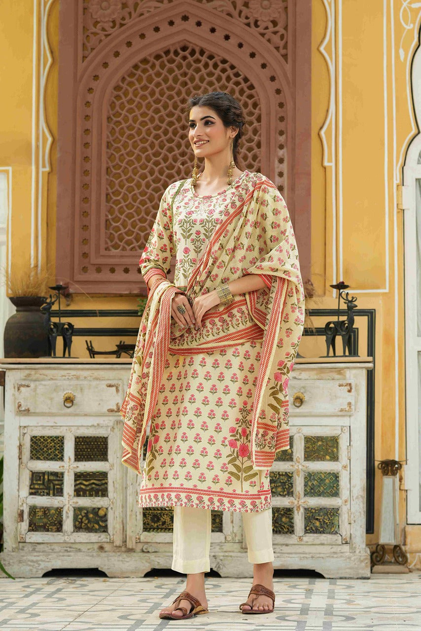 Juniper Ivory Rayon Slub Fusion Polka Print Kurta Set For Women | Grocsy