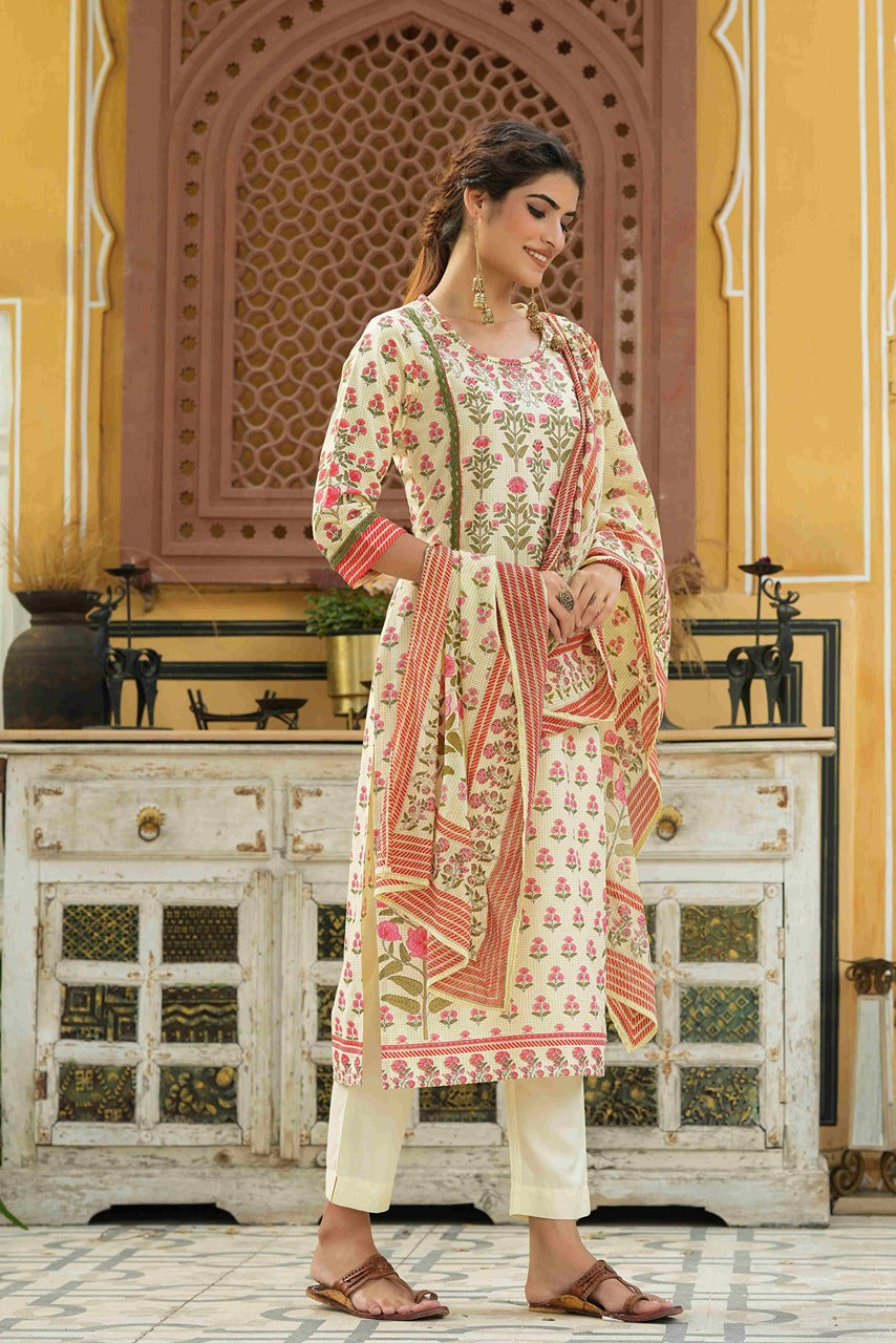 Juniper Ivory Rayon Slub Fusion Polka Print Kurta Set For Women | Grocsy