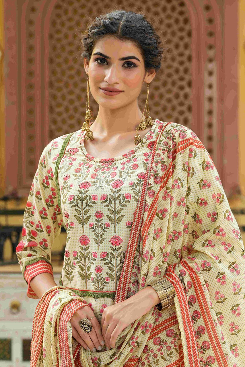 Juniper Ivory Rayon Slub Fusion Polka Print Kurta Set For Women | Grocsy
