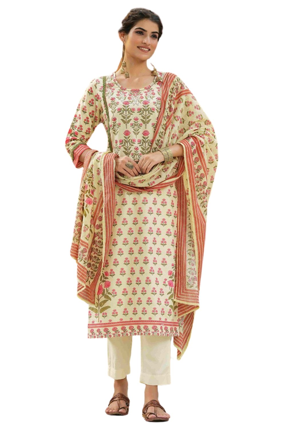 Juniper Ivory Rayon Slub Fusion Polka Print Kurta Set For Women | Grocsy