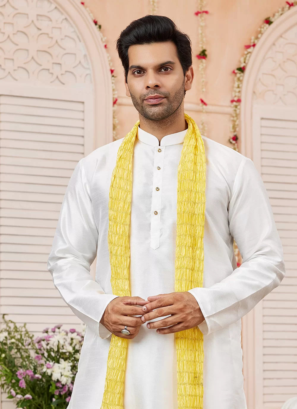 Raivat Ethnic Cream Colour Art Silk Kurta Pajama With Matching Dupatta | Grocsy