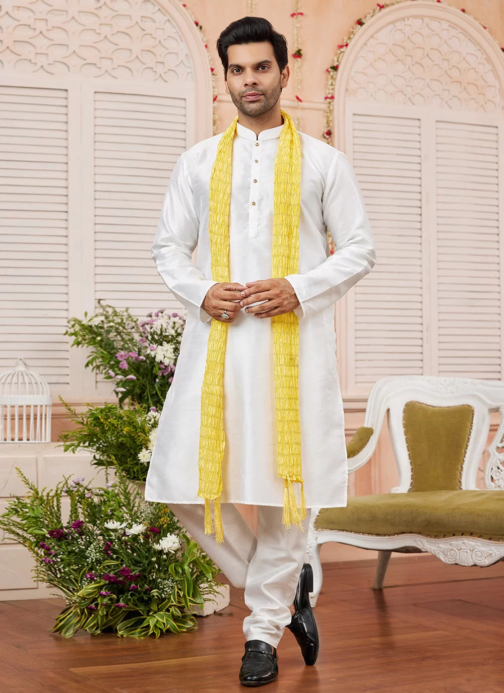 Raivat Ethnic Cream Colour Art Silk Kurta Pajama With Matching Dupatta | Grocsy
