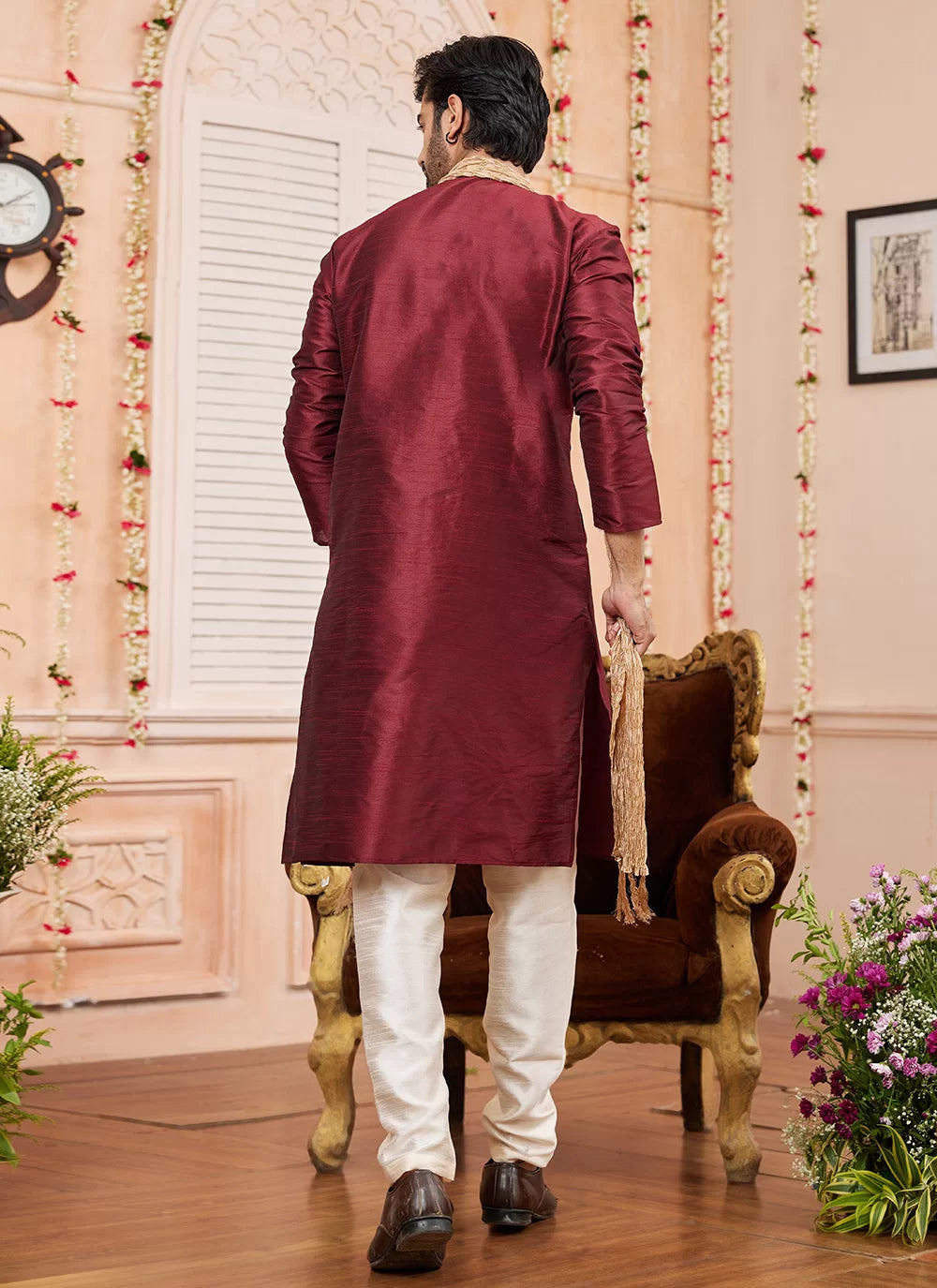 Raivat Ethnic Maroon Colour Art Silk Kurta Pajama With Matching Dupatta | Grocsy