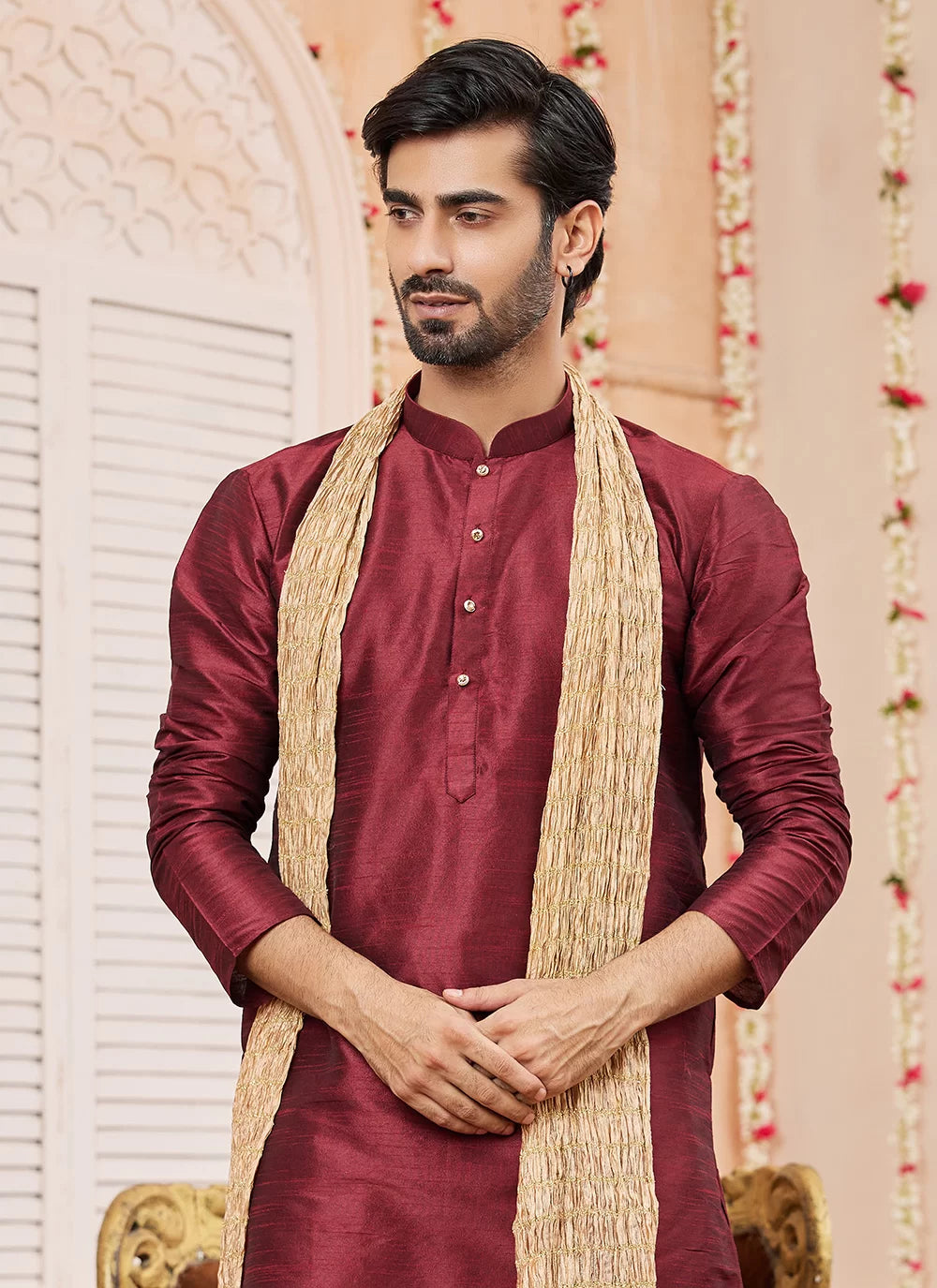 Raivat Ethnic Maroon Colour Art Silk Kurta Pajama With Matching Dupatta | Grocsy
