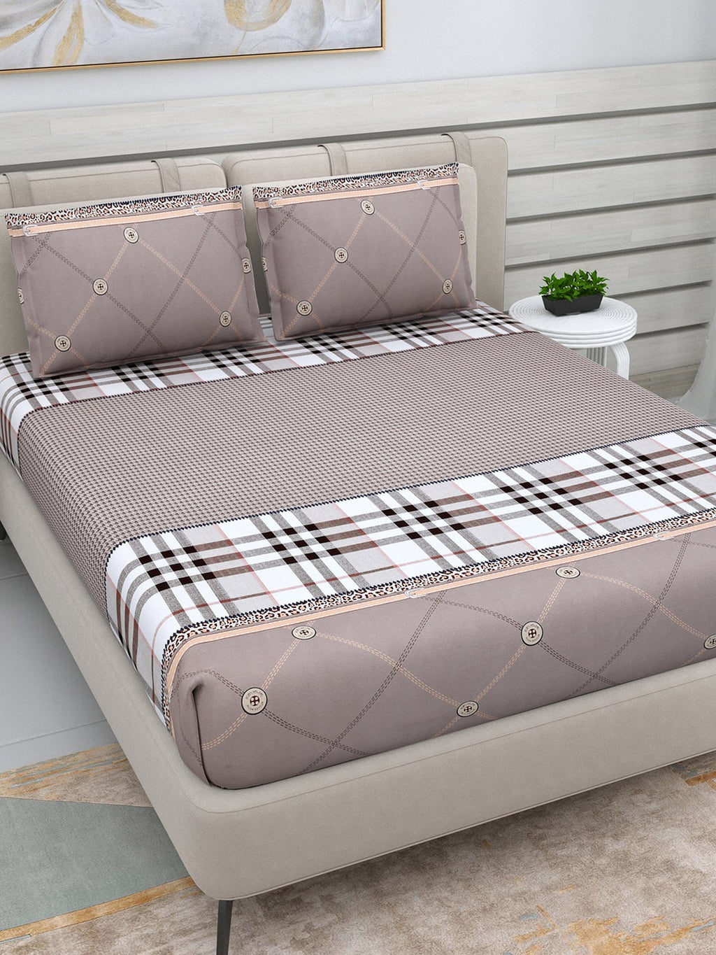 DREAM WEAVERZ Beige Checked 220 TC Glazed Cotton Bedsheet with Pillow Covers | Grocsy