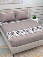 DREAM WEAVERZ Beige Checked 220 TC Glazed Cotton Bedsheet with Pillow Covers | Grocsy