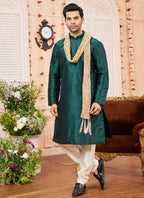 Raivat Ethnic Green Colour Art Silk Kurta Pajama With Matching Dupatta | Grocsy