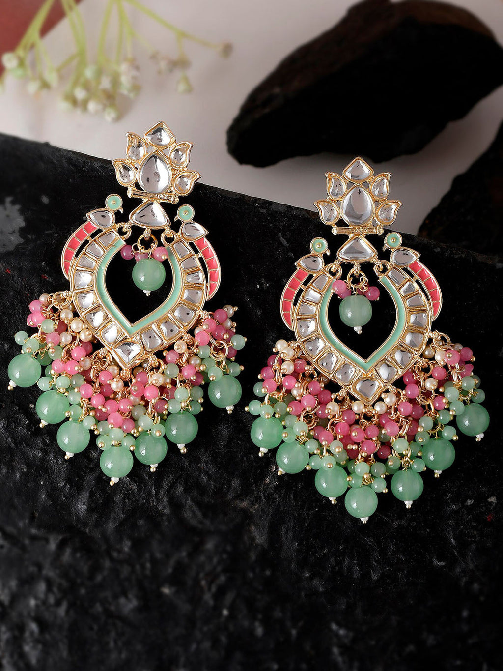 Shoshaa Gold-Polished Green & Pink Enamel Kundan-Studded Drop Earrings | Grocsy