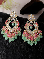 Shoshaa Gold-Polished Green & Pink Enamel Kundan-Studded Drop Earrings | Grocsy