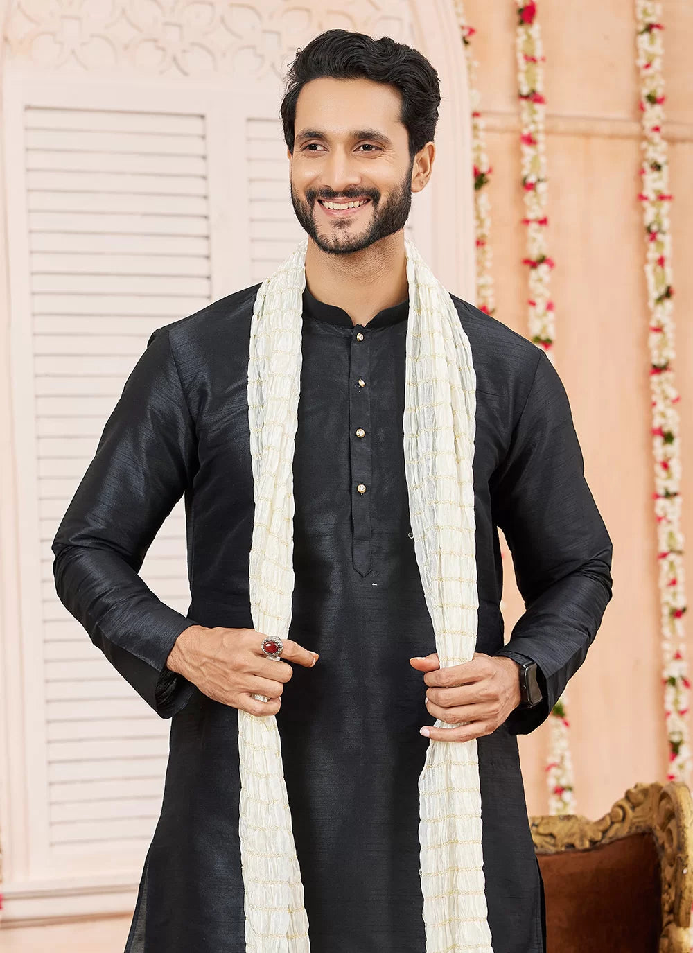 Raivat Ethnic Black Colour Art Silk Kurta Pajama With Matching Dupatta | Grocsy