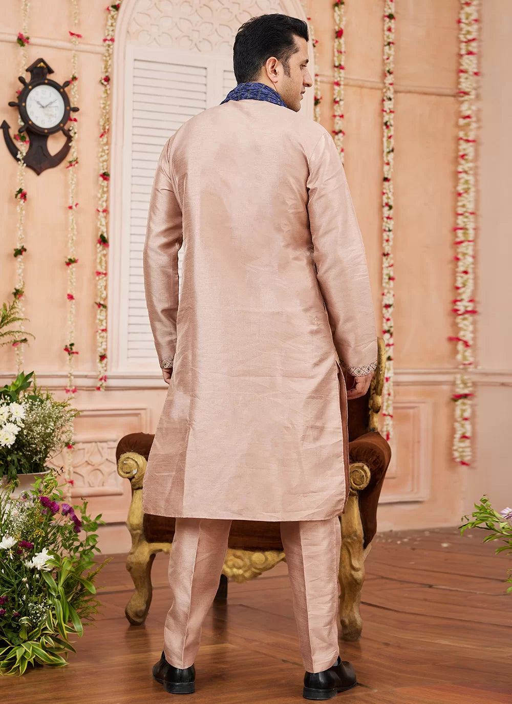 Raivat Ethnic Peach Colour Art Silk Kurta Pajama With Matching Dupatta | Grocsy
