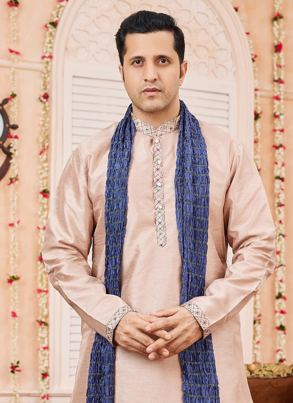 Raivat Ethnic Peach Colour Art Silk Kurta Pajama With Matching Dupatta | Grocsy