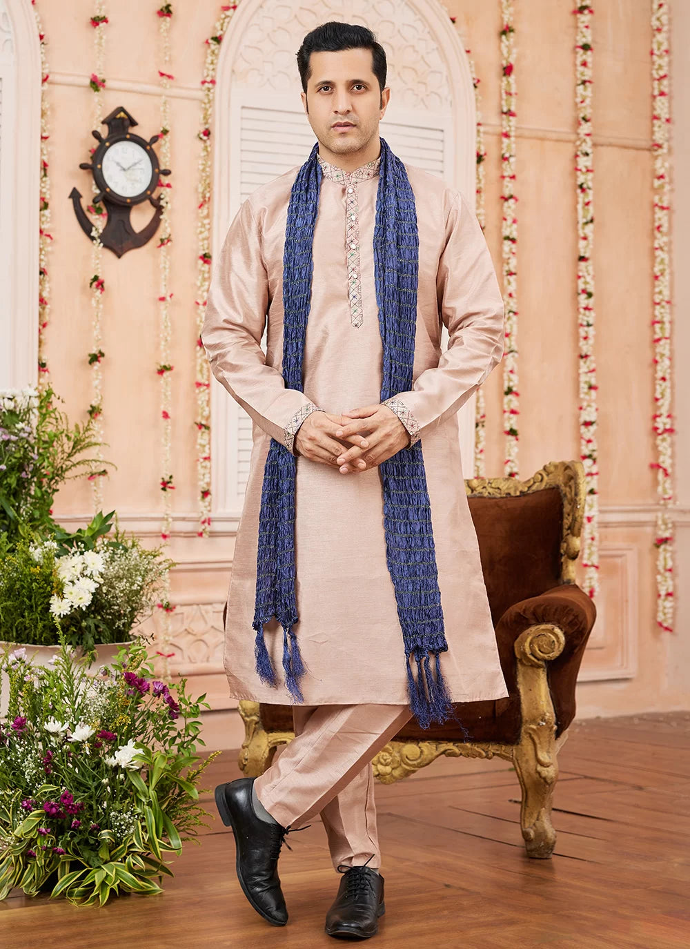 Raivat Ethnic Peach Colour Art Silk Kurta Pajama With Matching Dupatta | Grocsy