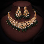 Tehzeeb Creations Gold-Polished Green Colour Necklace With Stud | Grocsy