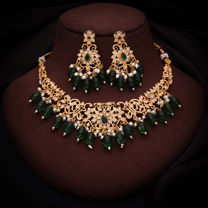 Tehzeeb Creations Gold-Polished Green Colour Necklace With Stud | Grocsy