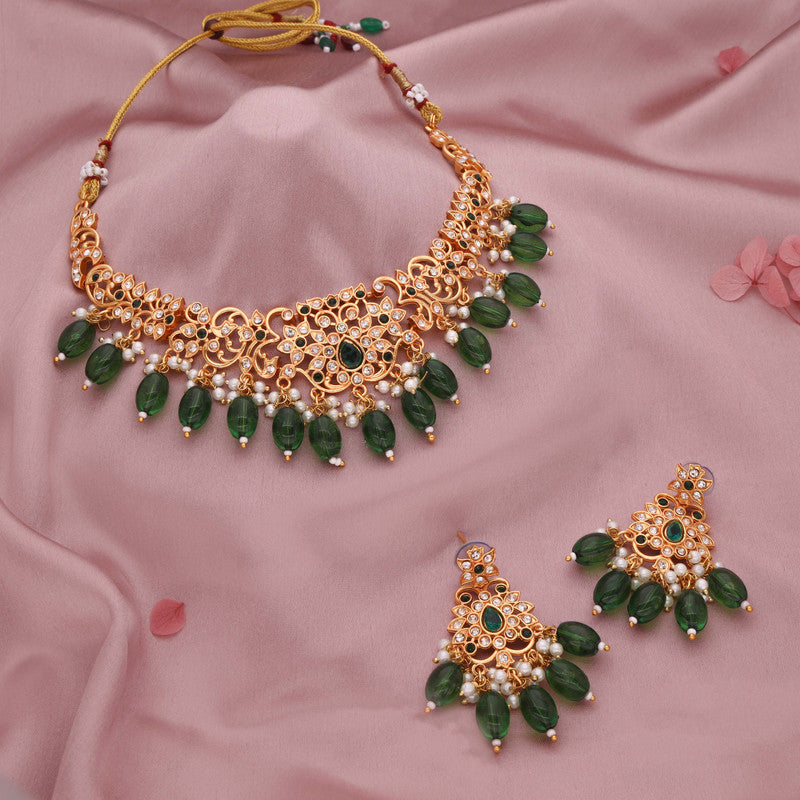 Tehzeeb Creations Gold-Polished Green Colour Necklace With Stud | Grocsy