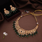 Tehzeeb Creations Gold-Polished Green Colour Necklace With Stud | Grocsy